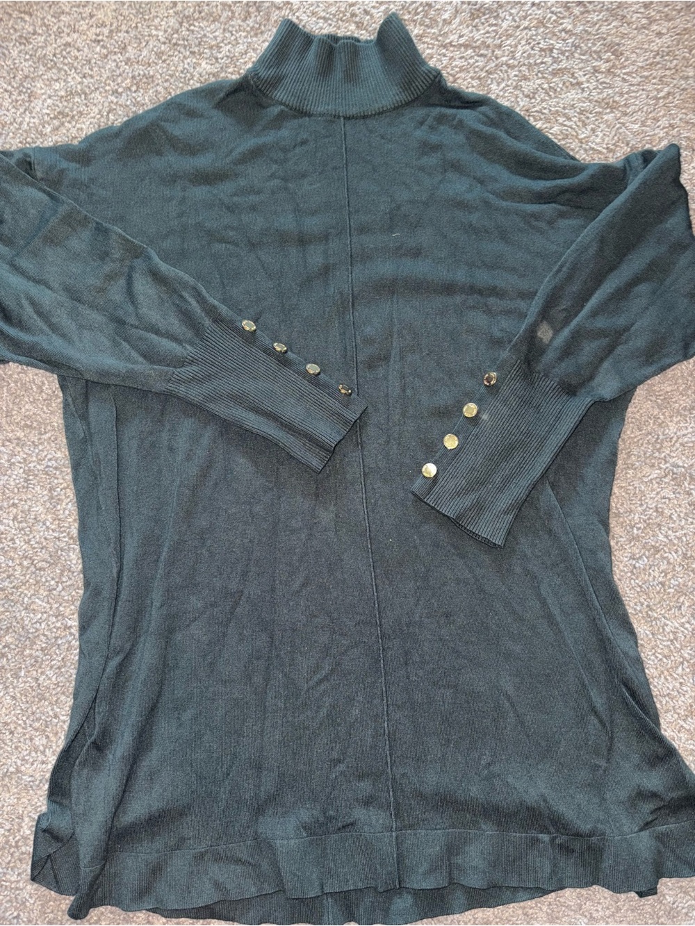 Anne Klein Mock Turtleneck Tunic Sweater M Dark Teal Button Cuff Long Sleeve